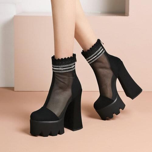 2021 Flock Leather Black Women Ankle Boots High Heels Shoes Punk Platform Heels Sexy Back Zipper Spring Summer Mesh 15CM