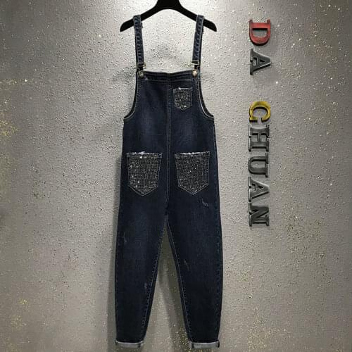 Overalls 2021 Spring/Summer New Hot Rhinestone Denim Overalls Womens Loose and Thin Holes Harlan Wide Leg Jumpsuits