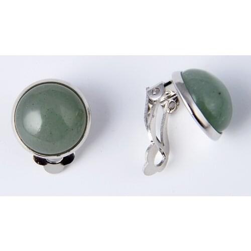 Women Girl Summer Fashion Jewelry Simple Round Natural Stone Green Aventurine Earrings Clip for No Pierced Hole Ears Wholesale