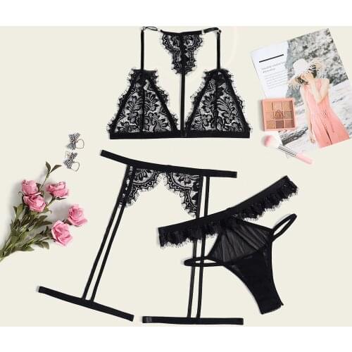 2020 Lenceria Women Sexy lingerie Bra Set Sexy Lace Underwire Bra Sleepwear Bandage Black Lingerie Garter Underwear Bralette