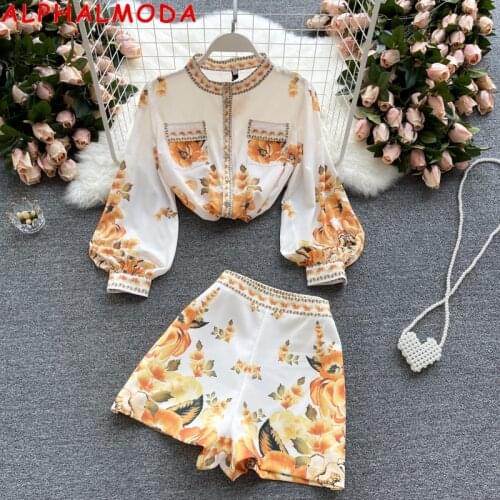 ALPHALMODA Summer New Printed Shirt + High Shorts Set Women Vintage Floral Shirt Shorts 2pcs Ffashion Suit