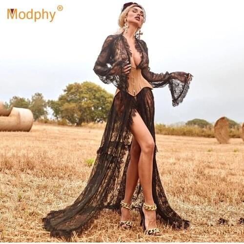 High Quality Black Sexy Lace Cardigan Long Dress Women Lace-up Slim and Floor Length Dresses Female Clothing 2021 Summer New
