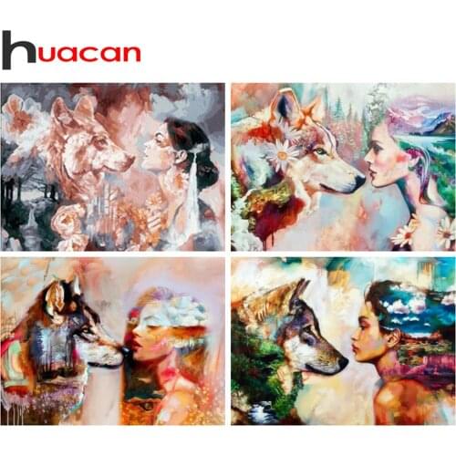 Huacan 5d Diy Diamond Painting Girl Wolf Mosaic Woman Animal Embroidery Rhinestone Pictures Home Decor