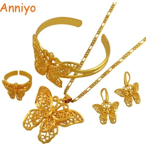 Anniyo Butterfly Jewelry sets Necklace Earrings Bangle Ring sets African Wedding Gifts Gold Color Papua New Guinea Gifts #022206