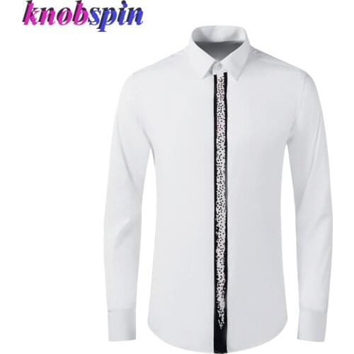 Brand Mens Long sleeve Shirt Elegant Crystal ribbon decoration Slim Casual Business male dress Shirts Plus size Solid Camisas