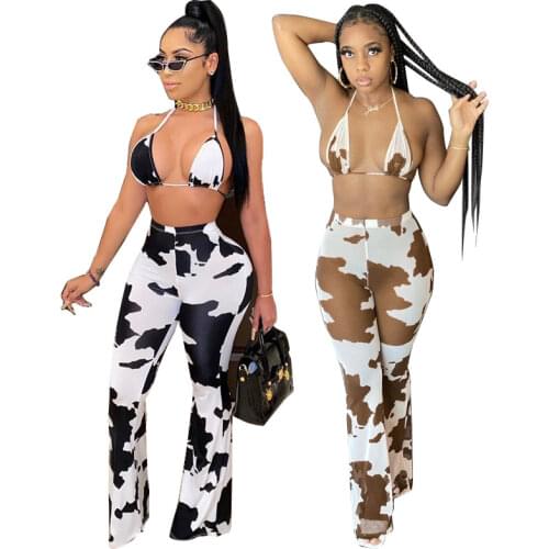 Chiclover Two Piece Set Women Clothing Cow Print Sexy Halter Backless Corset Flared Pants Sets Sleeveless Outfit Wholesale Items