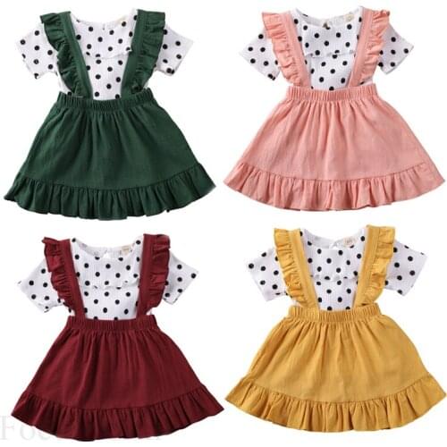 FOCUSNORM 0-5Y Infant Baby Girls Clothes Sets Ruffles Polka Dot Print Pullover T Shirts Tops Strap Dress 4 Colors