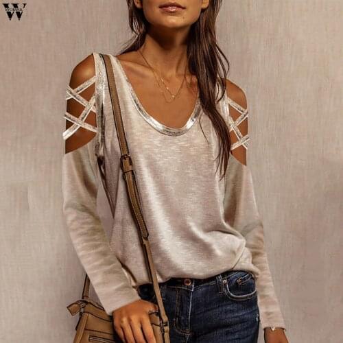 Sexy T-Shirt Women Sexy Solid Slim T-Shirts Hollow Out Design Off Shoulder O-Neck Long Sleeve Casual Spring Autumn T-shirt Tops