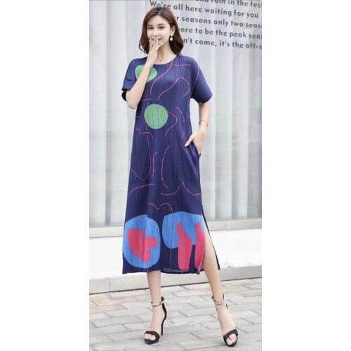 HOT SELLING Miyake fashion print pleated loose o-neck short sleeve women loose DRESS IN STOCK