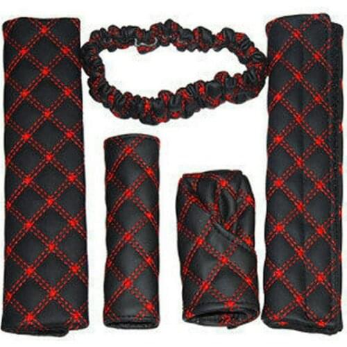 5pcs/set Leather Car Hand Brake Parking Brake Case Gear Shift Rearview Mirror Cover Seat Belt Cover Car Accessories
