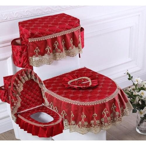 Fyjafon 3pcs Toilet Seat Cover Red Tank Cover with storage bags luxuriou Toilet Overcoat Washable High Quality Toilet Seat Cover