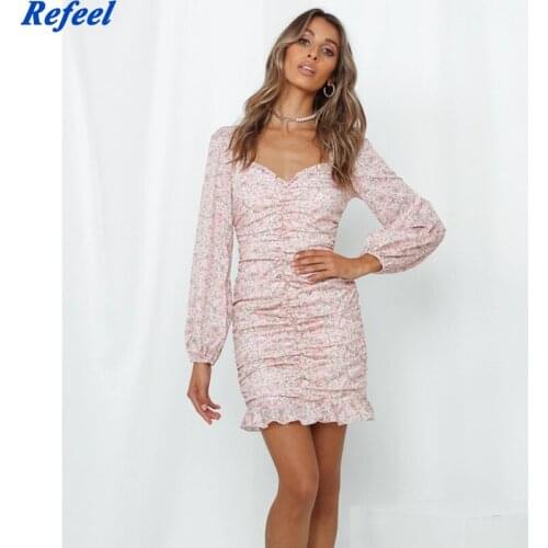 Cute Floral Print Women Summer Dress Fashion Center Ruched Long Sleeve Mini Dress Casual Ruffles Vestidos