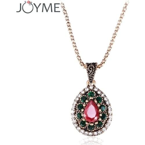 Fashion Brand Boho Pendant Crystal Necklace Tibetan Jewelry Water Drop Green /Red Resin Stone Retro Gold-Color Collier