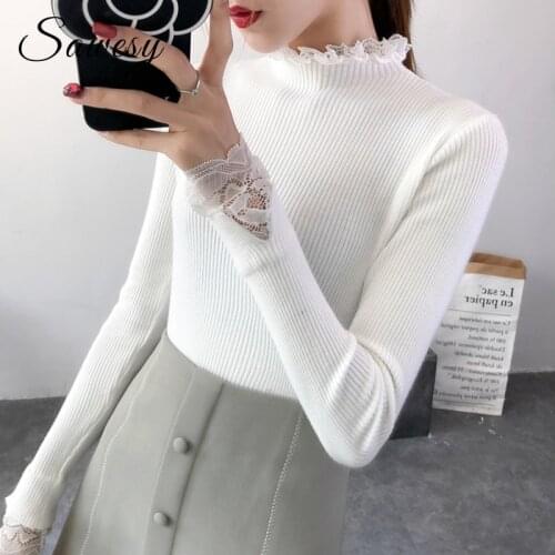 Autumn Winter Turtleneck Sweaters Women Slim Long Sleeve Jumper Women Pullovers Crochet Lace Casual Knitting Sweater Basic Black