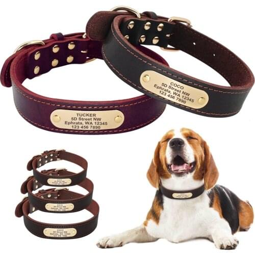 Custom Dog Collar Leather Personalized Pet Name Tag Collars For Medium Large Dogs Pitbull Beagle German Shepherd Engraved ID Tag