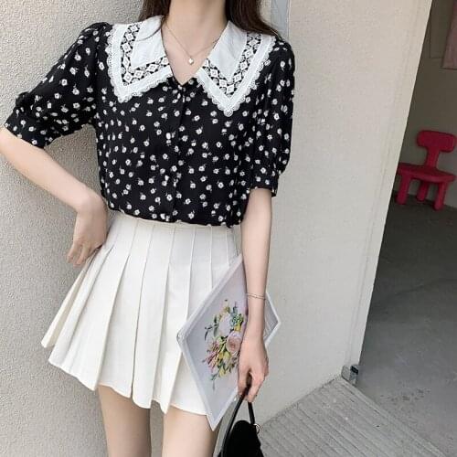 QOERLIN Summer Black Shirts Women 2021 Peter Pan Collar Floral Single-Breasted Shirt Chiffon Shirt Loose Lace Hollow Out Blouses