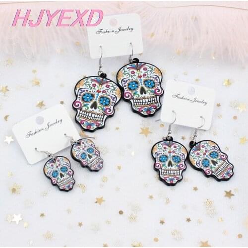 1pair) 25/38/50mm Acrylic Skull Earrings High Quality Flower Cross Printed Skull Dangle Earrings Laser Cutout-HP007