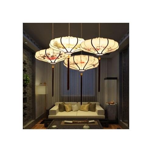 Modern New Chinese Style Faux Classical Lanterns Fabric Hand Painting Lantern Chandelier Chinese-style Restaurant Cha Lou Deng