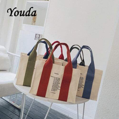 Youda Multicolor Small Women Handbags Canvas Tote Bags Reusable Cotton Grocery Literary Lettersshopping Bag Eco Foldable Girl