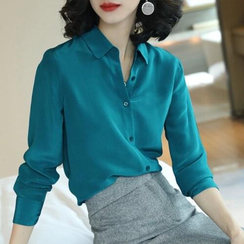 Green crepe stretch silk office blouse womens shirts and blouses 2020 summer elegant sexy boho long sleeve plus size loose