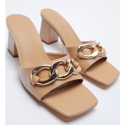 Women Sandals Metal Chain High Heels 2021 New Square Toe Word with Open Toe Back Hollow Thick Heel Womens Shoes