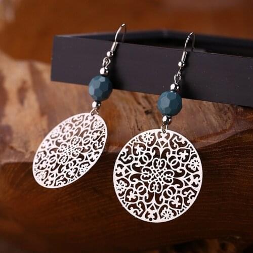 2019 New Fashion Tribal Jewelry Vintage Big Round Earhook Retro Flower Pendant Earrings Women