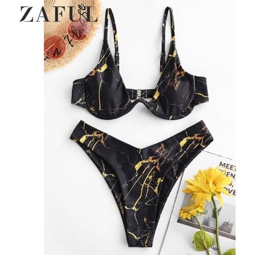 ZAFUL Marble Chocker Swimwear Bikini Set Women High Leg Swimsuit Marble Print Choker Sexy Spaghetti Straps Bandeau Bikini