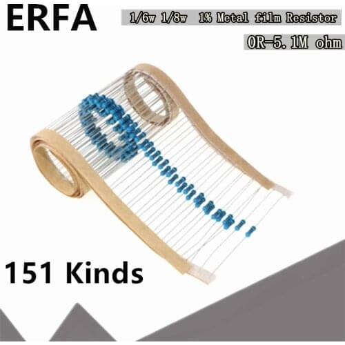 100pcs 1/6w 1/8w 0.125w 1% Metal film Resistor 1R~1M 0 2.2R 10R 22R 47R 51R 100R 150R 470R 1K 4.7K 10K 47K 1 2.2 10 22 47 51 100