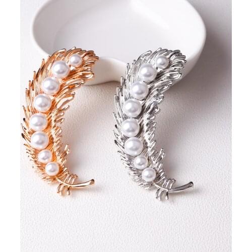 1piece 38*66mm Metal Feather Pearl Brooches For Women Elegant Fashion Pin Gold Silver Crystal Brooch Wedding Jewelry Decoration