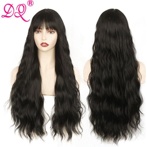 DQ Long Wave Wigs With Bangs Nature Kinky Synthetic Wig Heat Resistant Fiber For Black Women Cosplay Wig Mix Pink 28 Inches