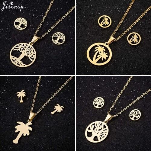 Jisensp Vintage Life of Tree Necklace Earrings Women Boho Jewelry Stainless Steel Chain Coconut Tree Jewelry Sets Gift bijoux