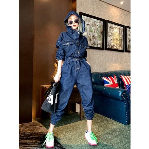 Korean Autumn New Denim Hooded Buttons Long Sleeve Loose High-waisted Ankle Length Jeans Jumpsuits Women Fashion Streetwear 2020