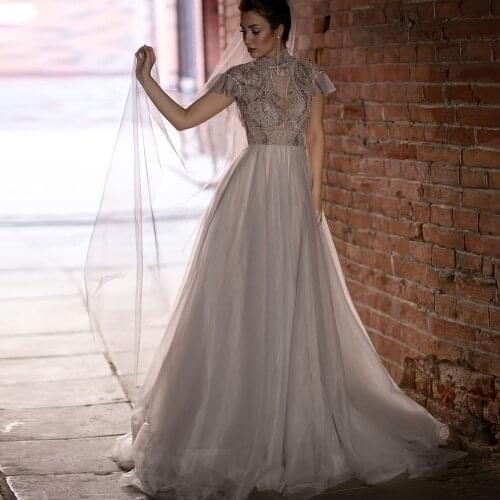 Hot Sale Wedding Dresses A-Line High Illusion Cap Shoulder Veil Fashion Appliqued Luxury Beading 2021 Bridal Gown robe de mariée