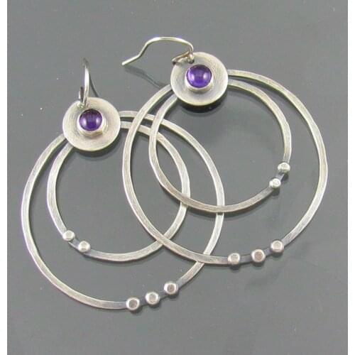Fashion Double Layer Hollow Metal Big Round Earrings Luxury Large Circle Purple Crystal Earring Pendientes Mujer