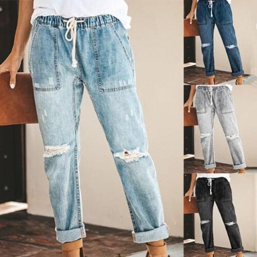 Fashion Distressed Knee Ripped Women Summer Holes Loose Trouser Drawstring Elastic Waist Pockets Long Pencil Denim Jeans Pants