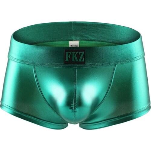 Men Boxer Shorts Sexy Male Low Rise PU Leather U Bulge Underwear Gay Party Club Boxers Shorts Bikini Underpants Cueca