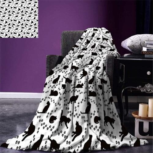 Cat Throw Blanket Cat Silhouette and Animal Tracks Pattern Paws Footprints Kitties Different Poses Warm Microfiber