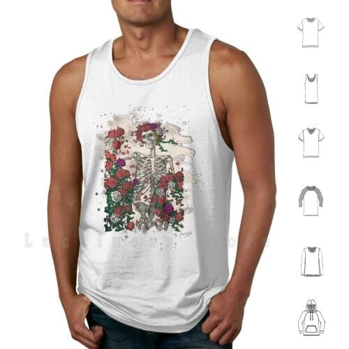 Skeleton &amp ; Roses - Bleached Look tank tops vest 100% Cotton Skeleton Roses Flower Death Dead Scull Edmund Sullivan Woodcut