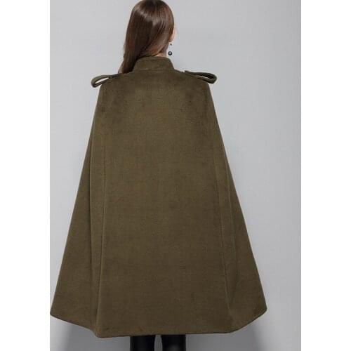 Loose Bat Sleeved Overcoat Women Luxury Stand Collar Double Breasted Woolen Long Coats Winter Solid Army Green Wool Blends Women