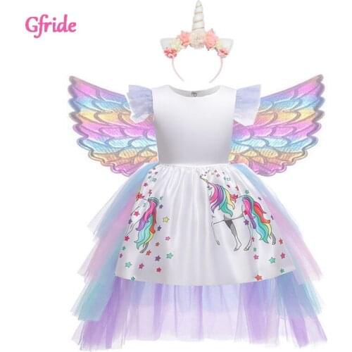 Long Tail Unicorn Dress for Girls Halloween Party Dress Elegant Kids Princess Carnival Costume Hairband Wings Rainbow Gown 2-10T