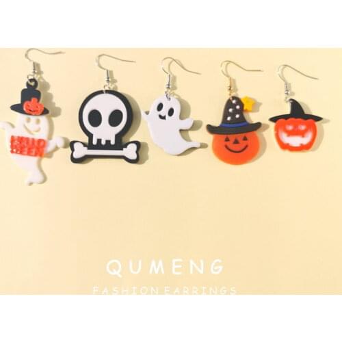QUMENG 2020 Halloween Earrings For Women Girls Cartoon Funny Cute Horror Skull ghost pumpkin Dark Christmas Hip hop punk Gifts
