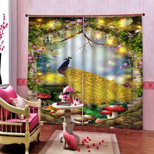 Fairy golden peacock porch background 3D Curtain Luxury Blackout Window Curtain Living Room