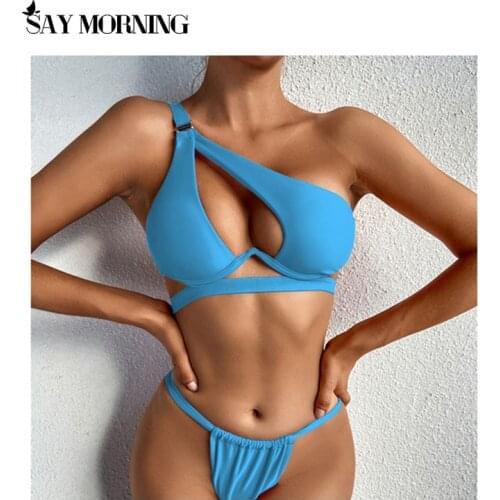 SAY MORNING Swimsuit Solid Color Bandage Split U-Shaped Sexy Womens Swimwear Bikini Set New 2021 Beachwear Bathing Suit Swimmin