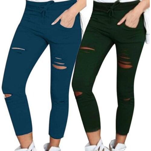 Plus Size Women Pants High Waist Skinny Hollow out Solid Color Drawstring Pencil Pants Ripped Skinny Leggings Pants
