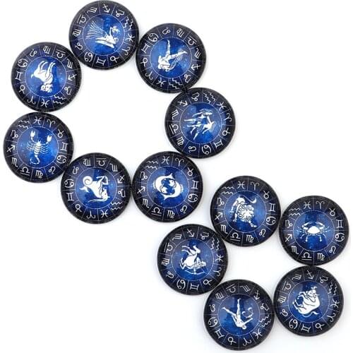 Xinyao 20pcs 10pcs 10mm/12mm/14mm/18mm/20mm/25mm 12 Constellations Glass Cabochon Blue Background Black Border for DIY Jewelry