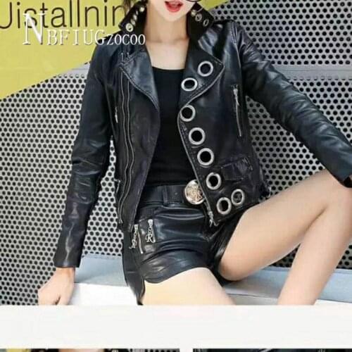 Zipper Lapel Metal Hole Women Pu Leather Coat Short Style Long Sleeve Female Jacket