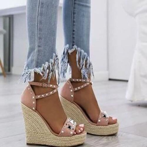 Woman Rope Braided Wedge High Heels Platform Sandals Rivets Studs Strap Beach Shoes Summer Peep Toe Woman Gladiator Sandalias
