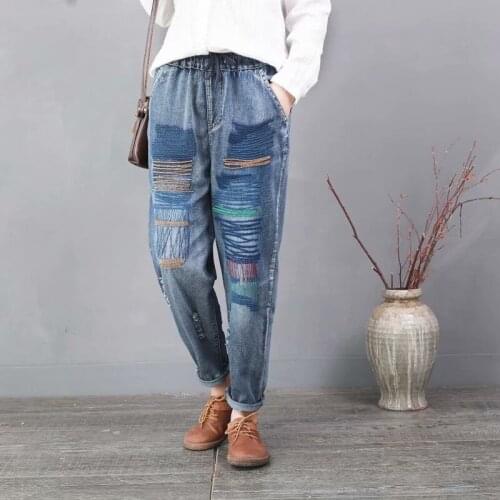 Mom Jeans Woman 2019 Ripped Jeans Destroyed Women Boyfriend Embroidery Causal Pants Ethnic Vintage Hippie Harem Pants TA1616