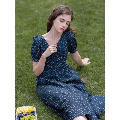 Women French v-neck hubble-bubble sleeve navy cherry floral dress restoring ancient way summer 2021 female waist long dresses