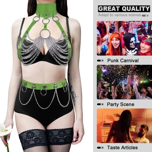 Metal Chain Accessories Harajuku 2pc Full Body Sexy Leather Set Harness Women Pastel Goth Hollow Bra Sword Belt Lingerie Garter